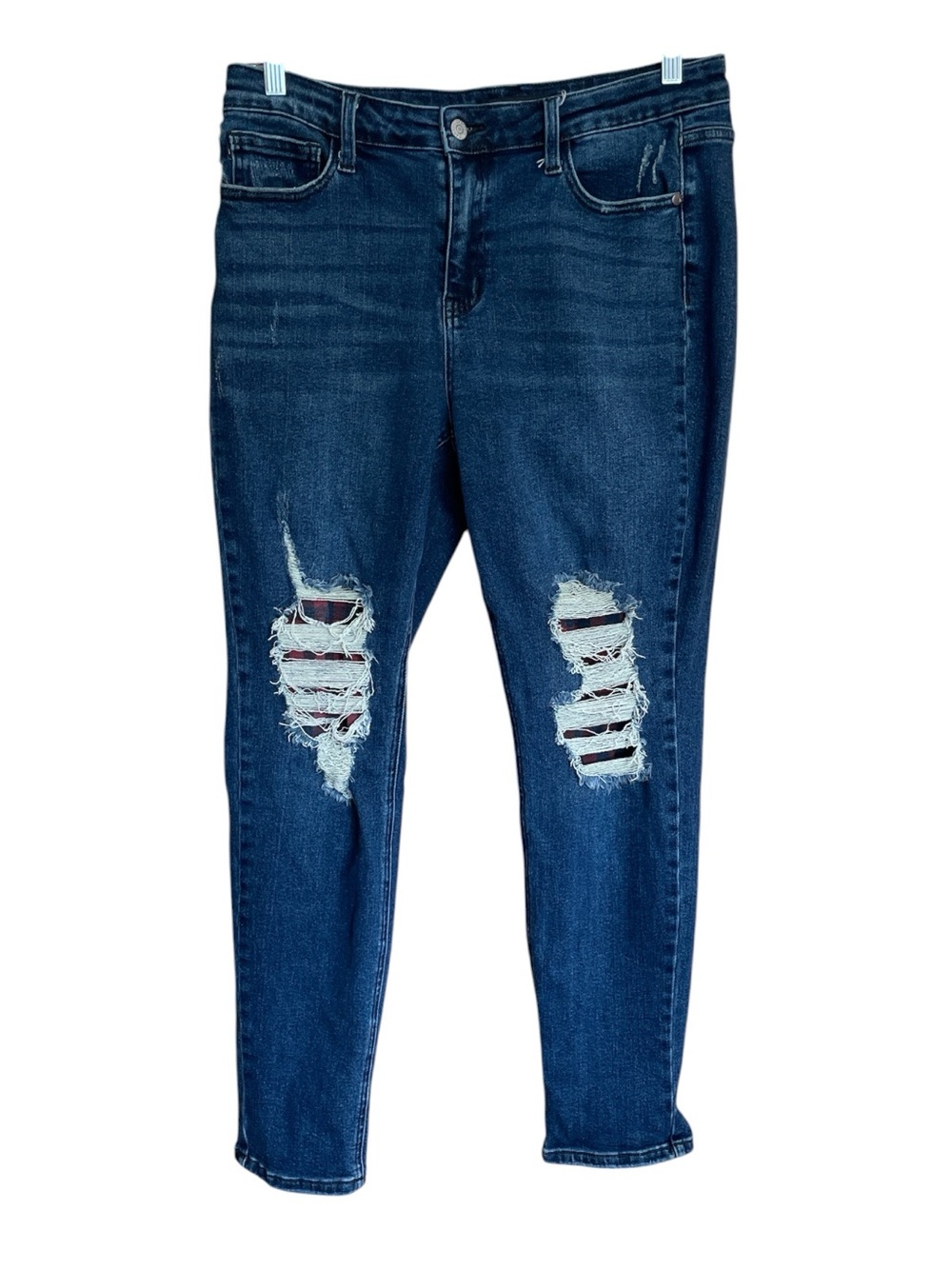 Judy Blue Buffalo Plaid Patch Mid-Rise Boyfriend Jeans Skinny Style JB88706